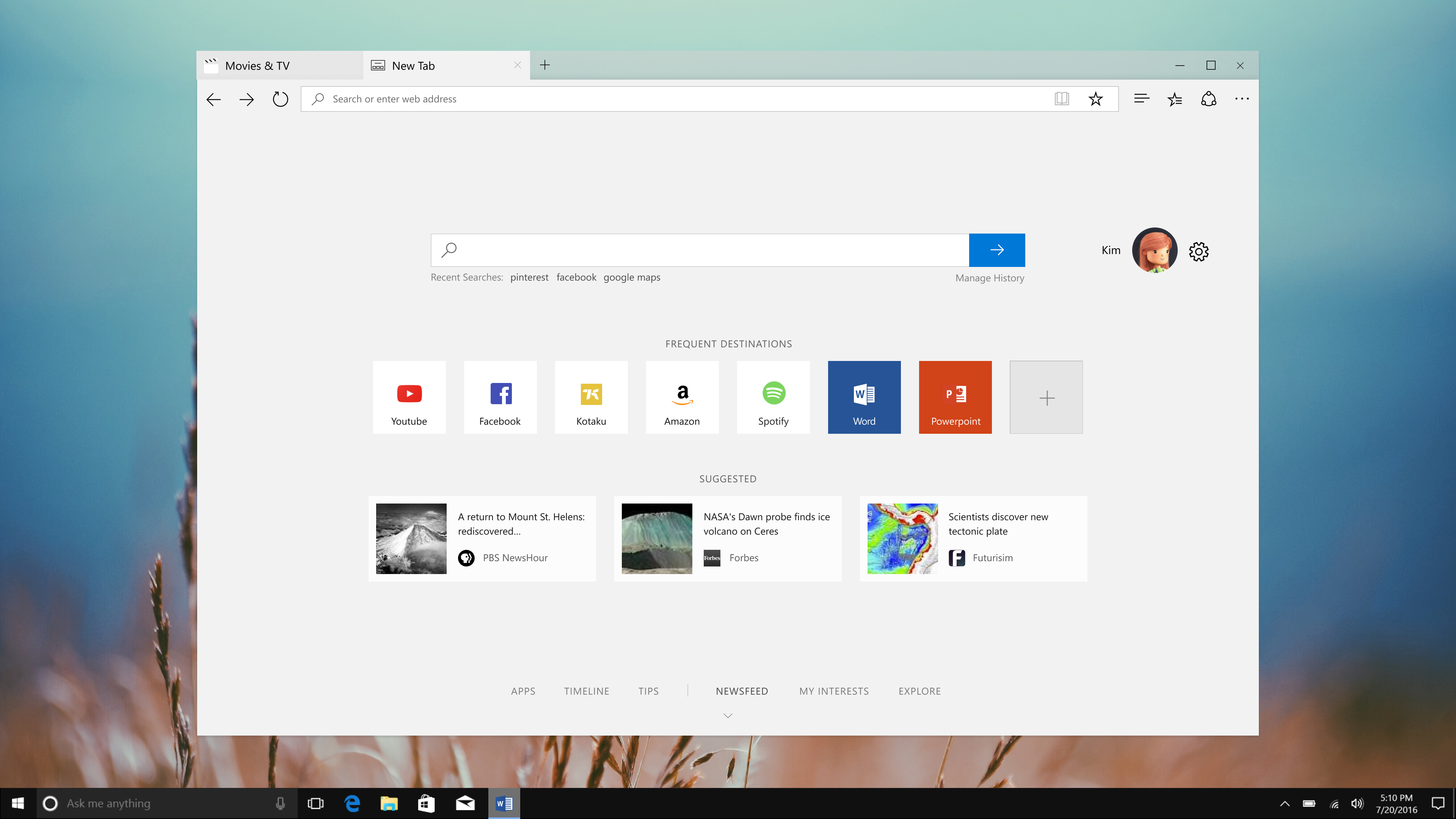 Microsoft Search in Edge — new tab page.